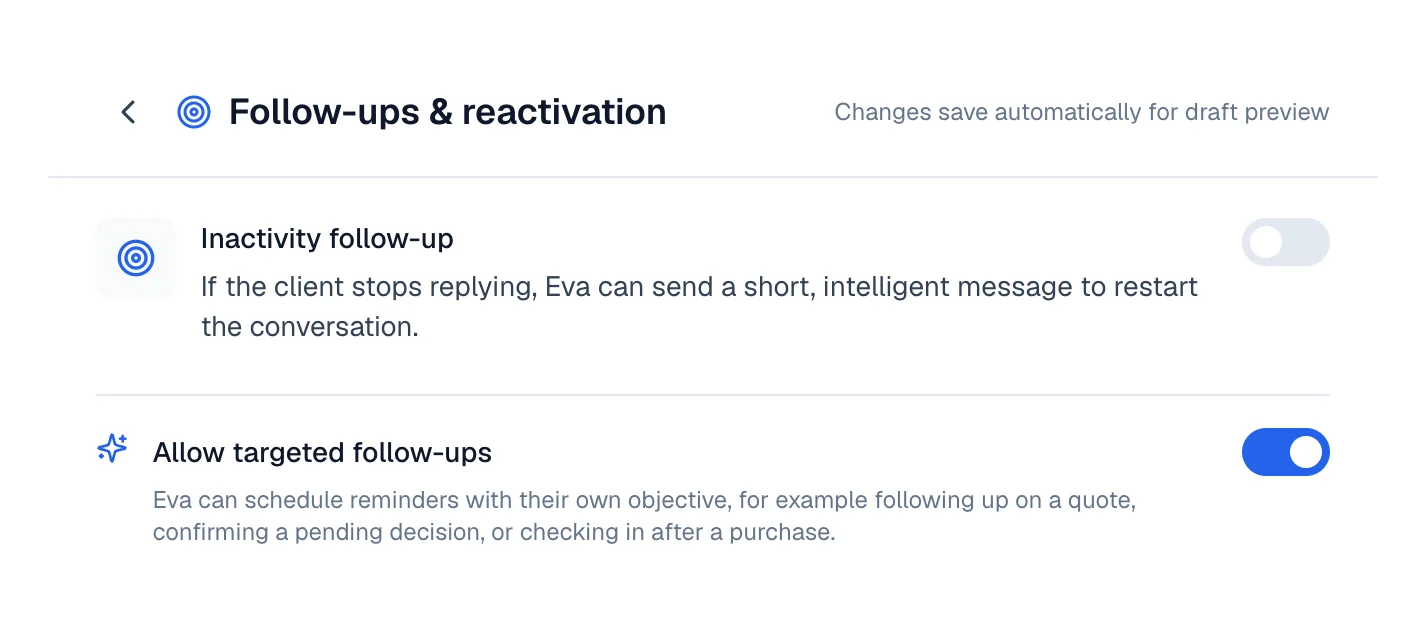 Follow-ups editor with Inactivity follow-up and Allow targeted follow-ups.