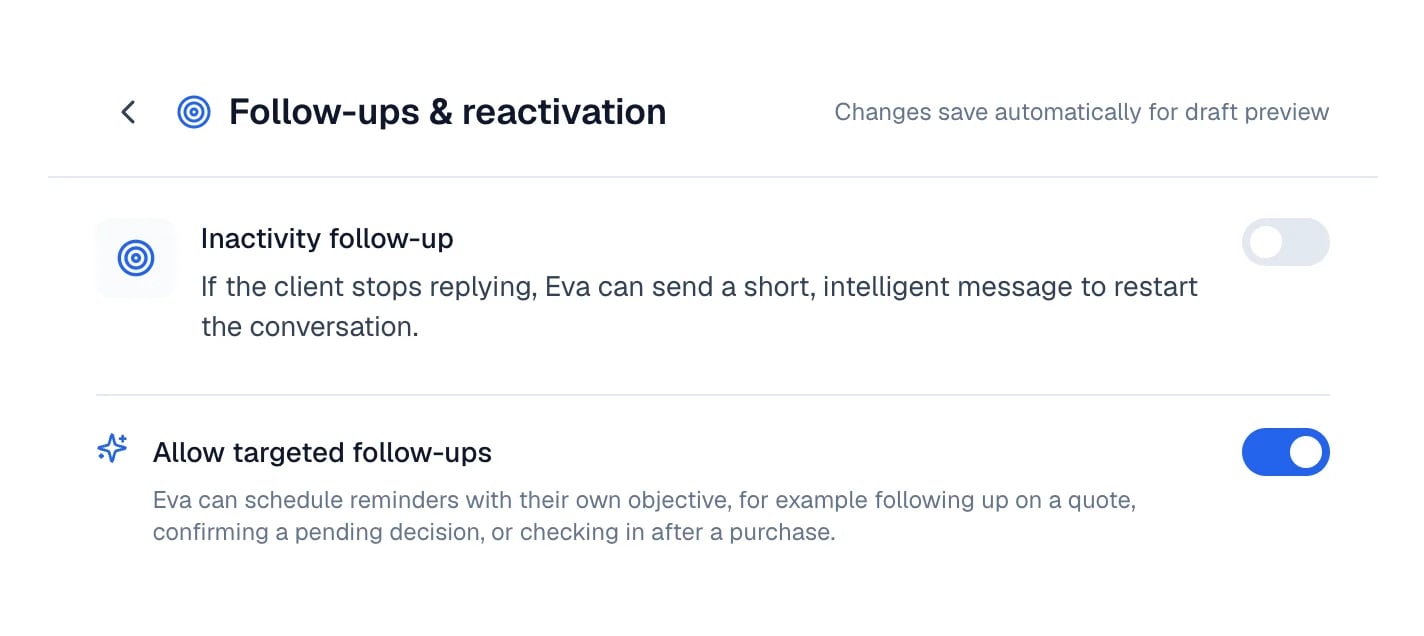 Follow-ups editor with Inactivity follow-up and Allow targeted follow-ups.