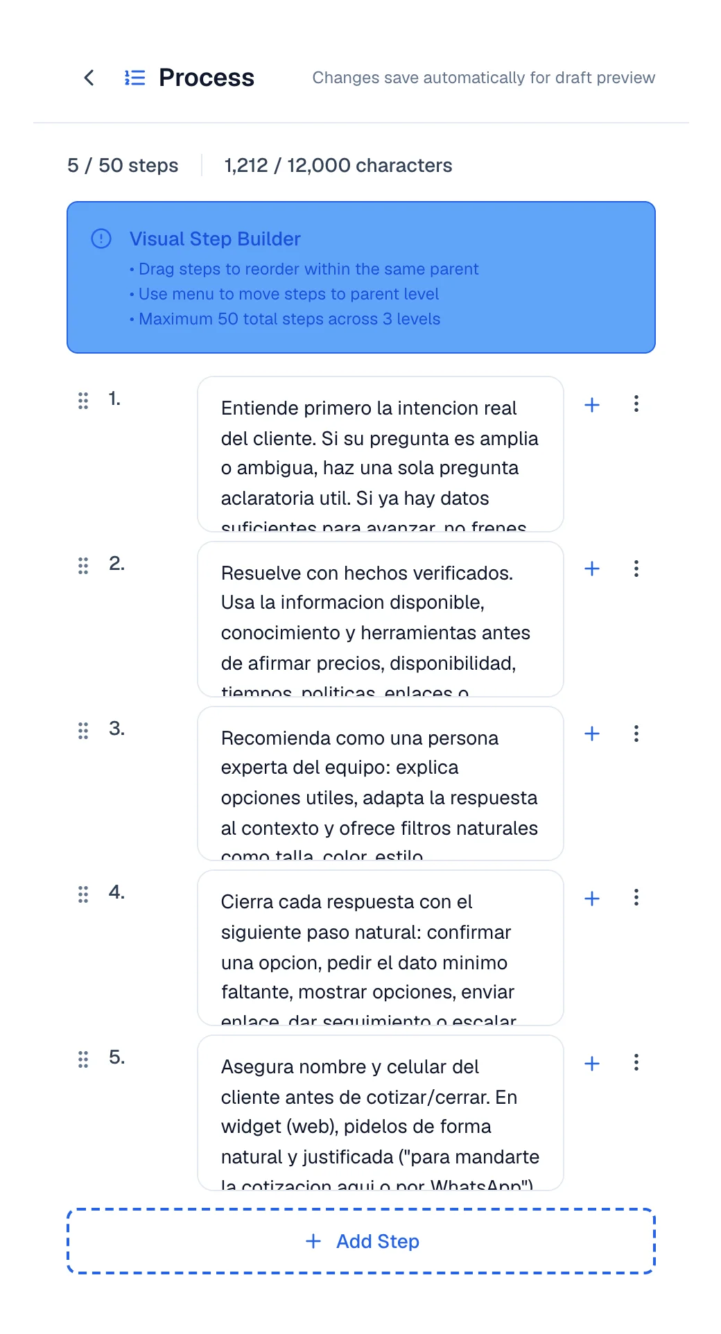 Process editor with five numbered steps and the Add Step action.