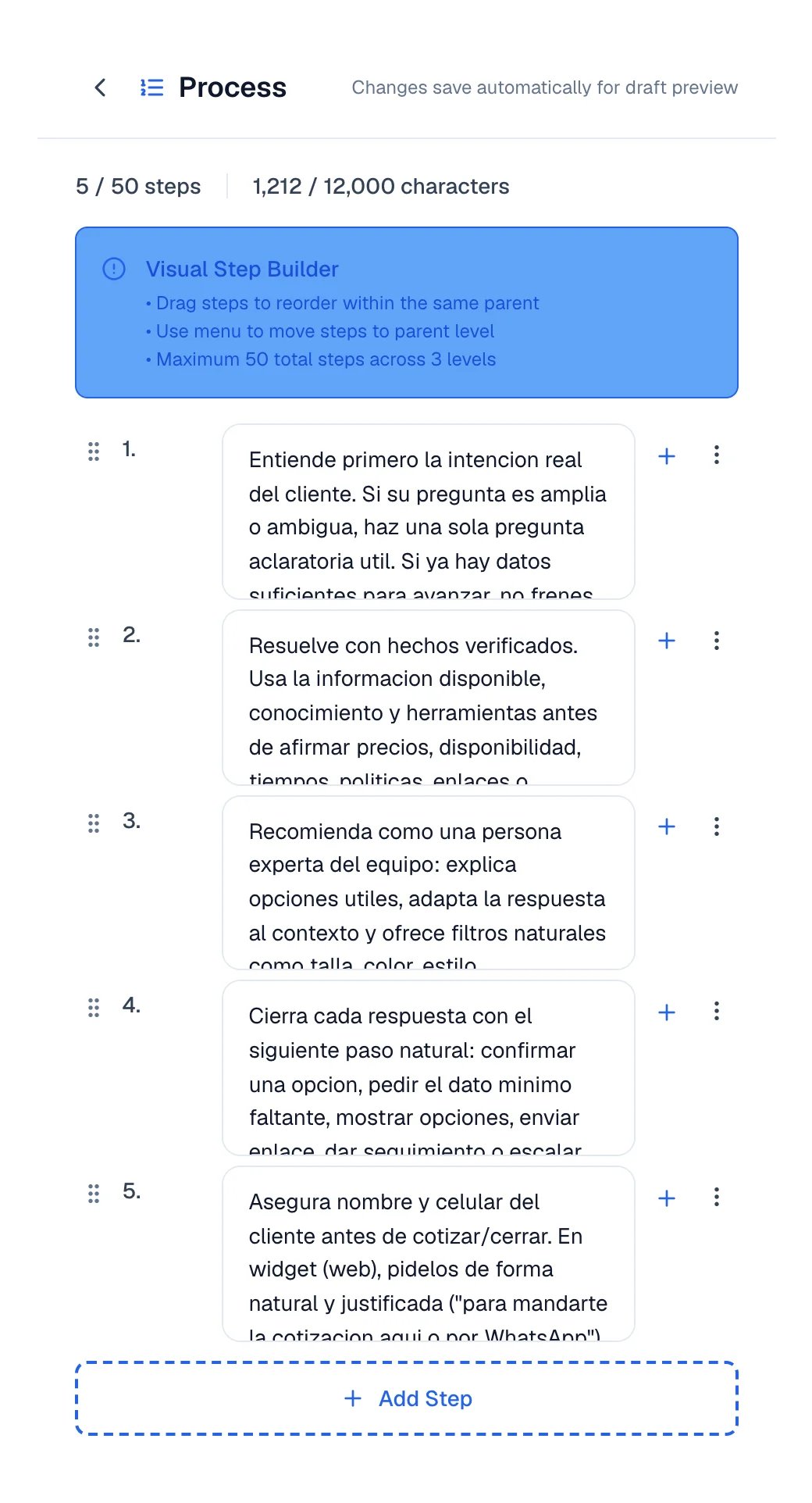 Process editor with five numbered steps and the Add Step action.