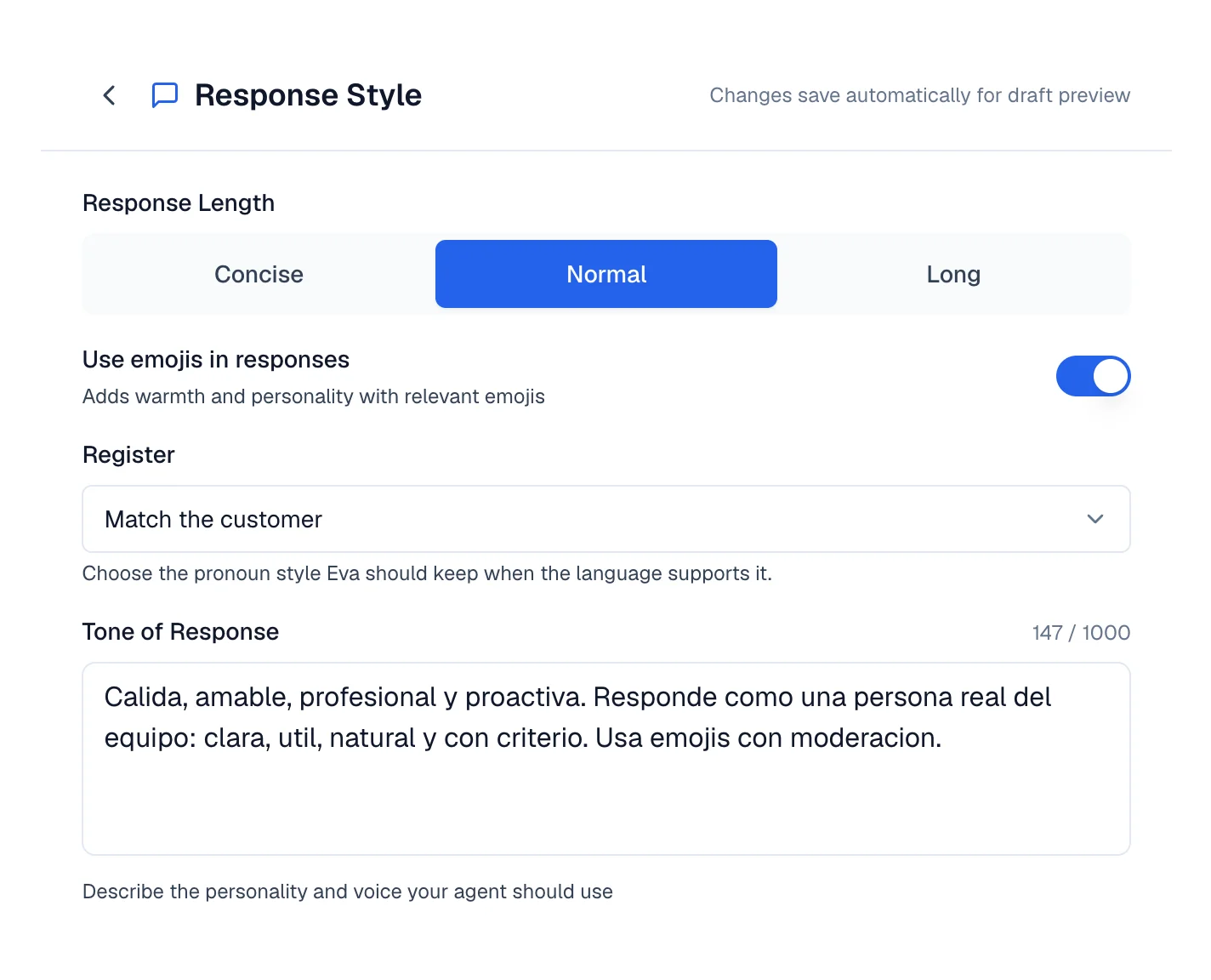 Response Style editor with Response Length, Use emojis in responses, Register, and Tone of Response.