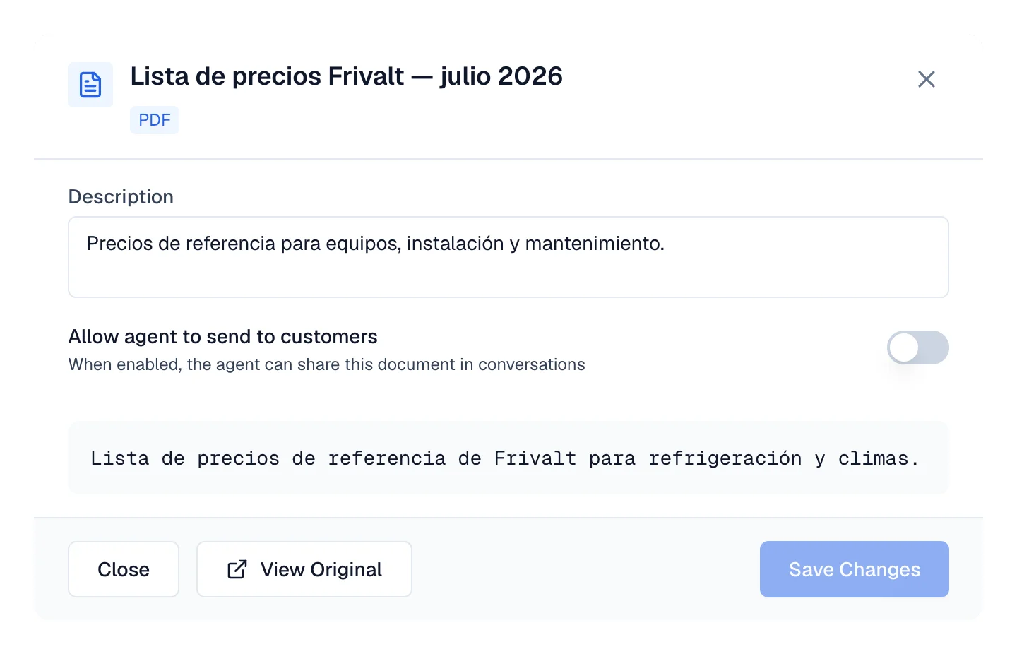 Document detail with the Allow agent to send to customers switch.