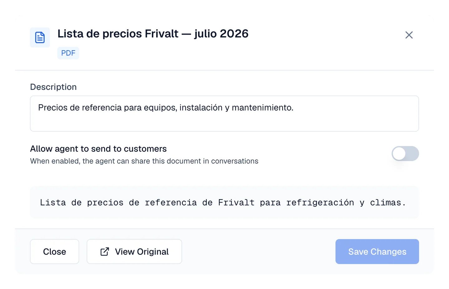 Document detail with the Allow agent to send to customers switch.
