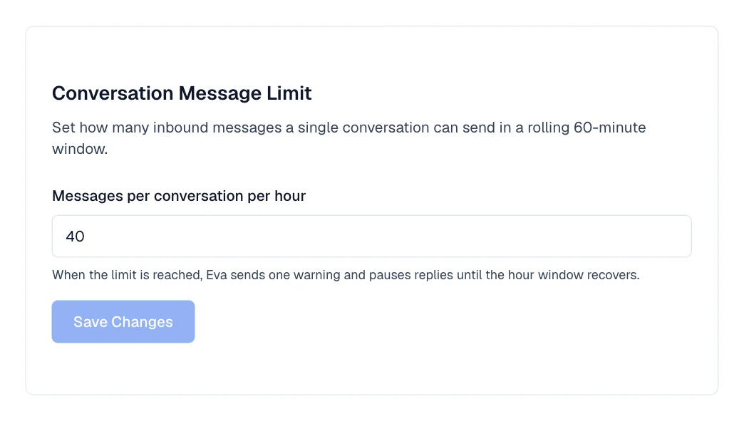 Conversation Message Limit card with the Messages per conversation per hour field.