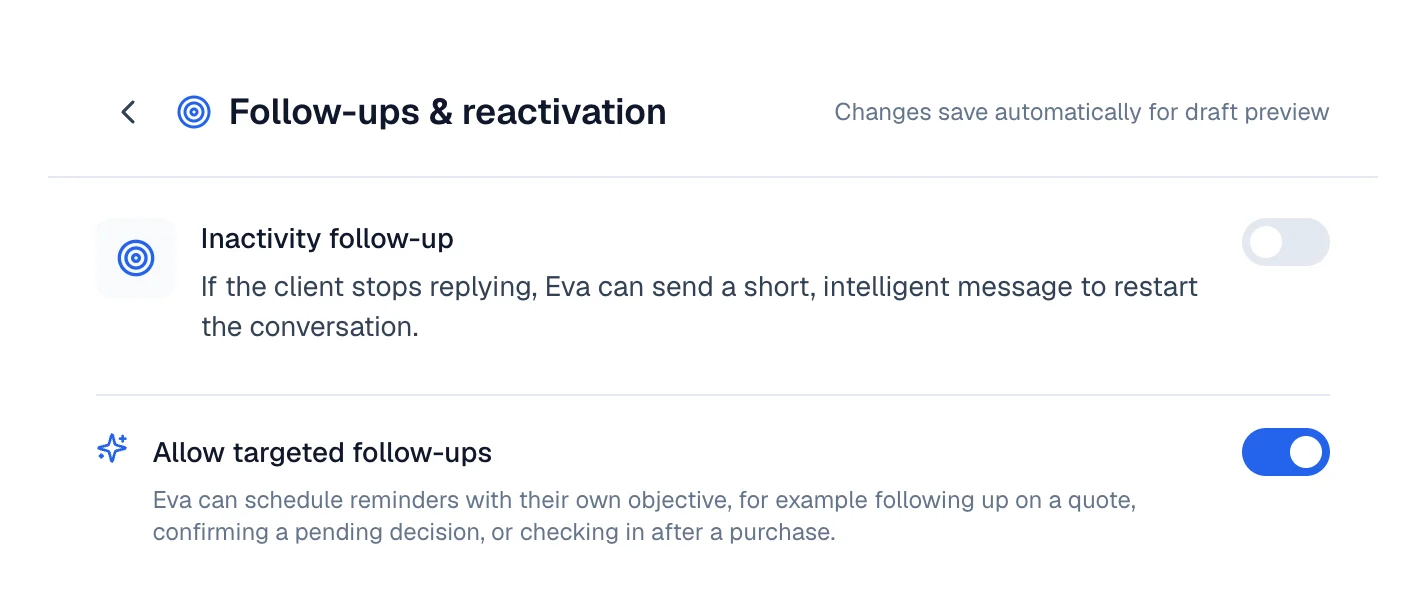 Inactivity follow-up and Allow targeted follow-ups, both switched off.