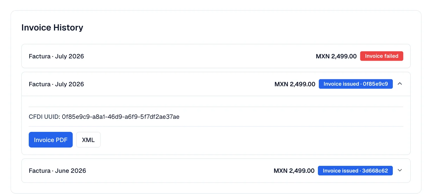 Charge history with each status; the open row shows the CFDI UUID and the Invoice PDF and XML buttons.