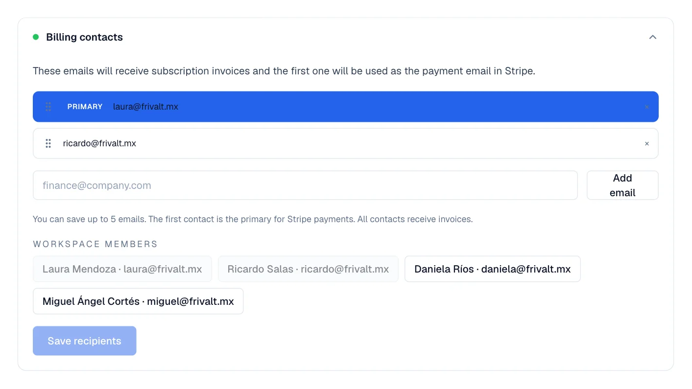 The billing contacts section with two saved emails and the Save recipients button.