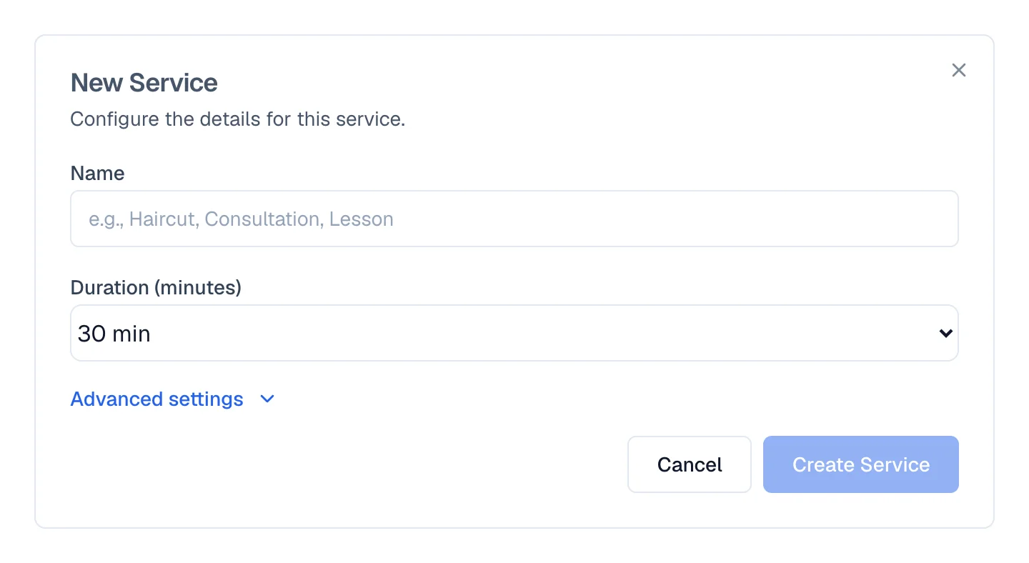 New appointment type form with Name and Duration.