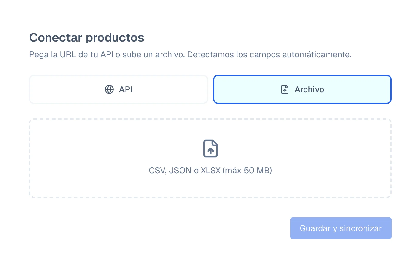 Conectar productos screen with the API and Archivo options and the box for dropping the file.
