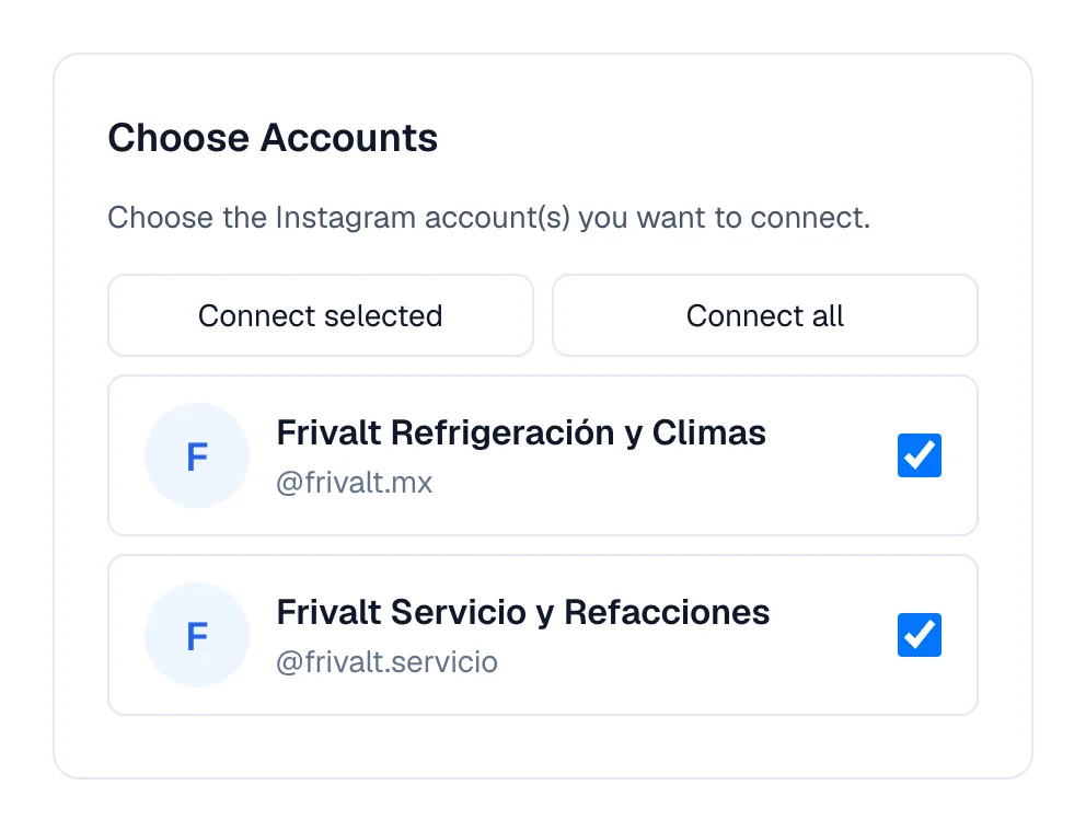 List of linked Instagram accounts, ticked, with the button that connects them.