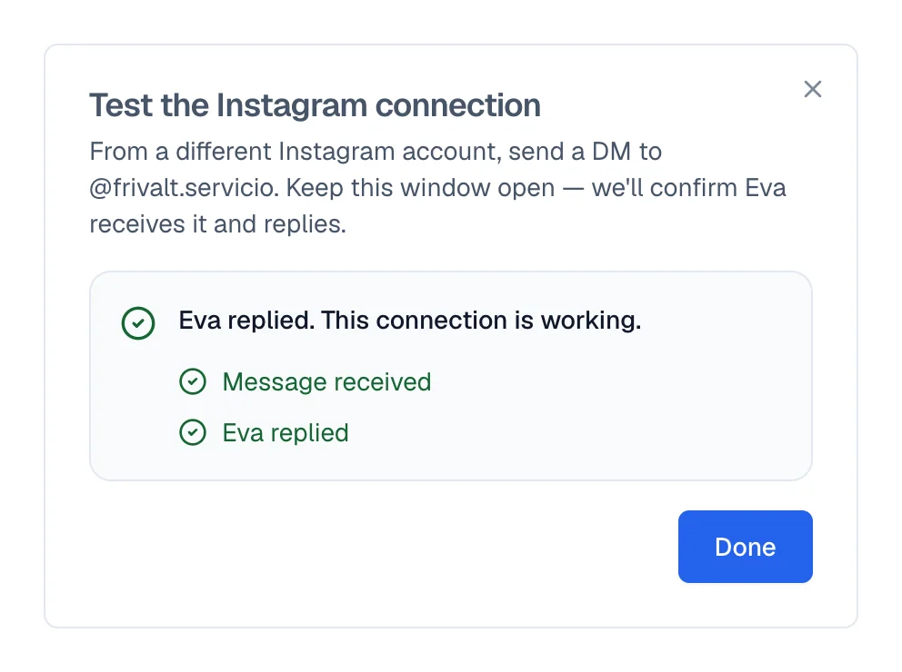 The Instagram test confirms the message arrived and that Eva replied.