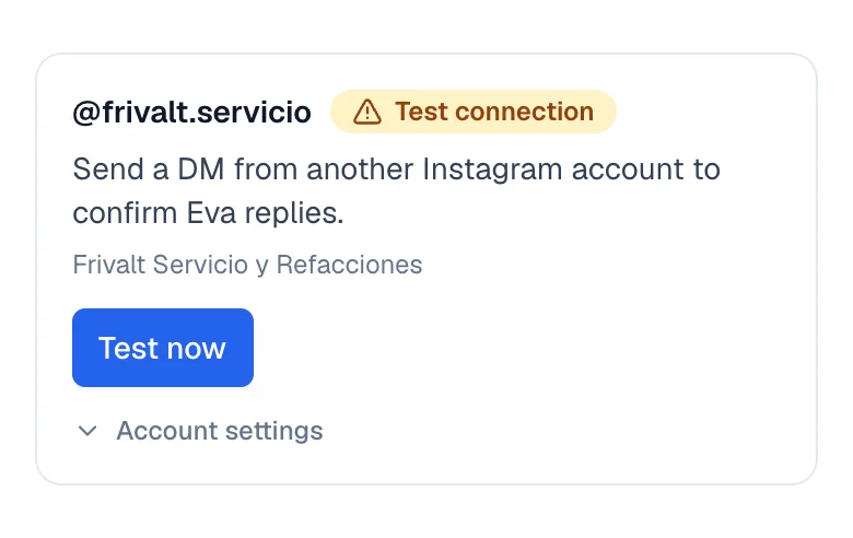 Connected Instagram account labelled Test connection, with the button that runs the test.
