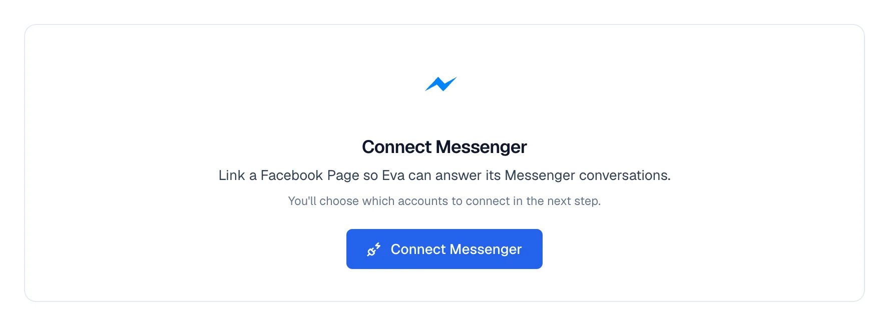 Messenger channel screen with no pages yet and the button that starts the connection.