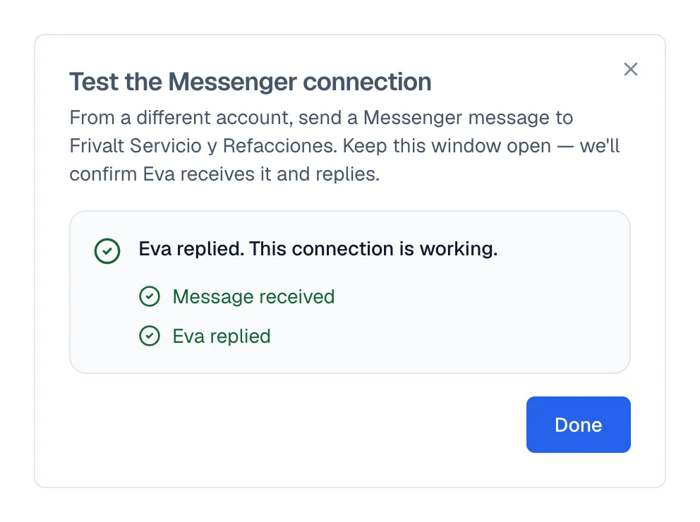 The Messenger test confirms the message arrived and that Eva replied.
