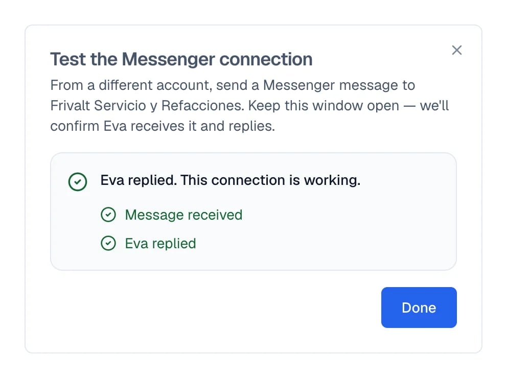 The Messenger test confirms the message arrived and that Eva replied.