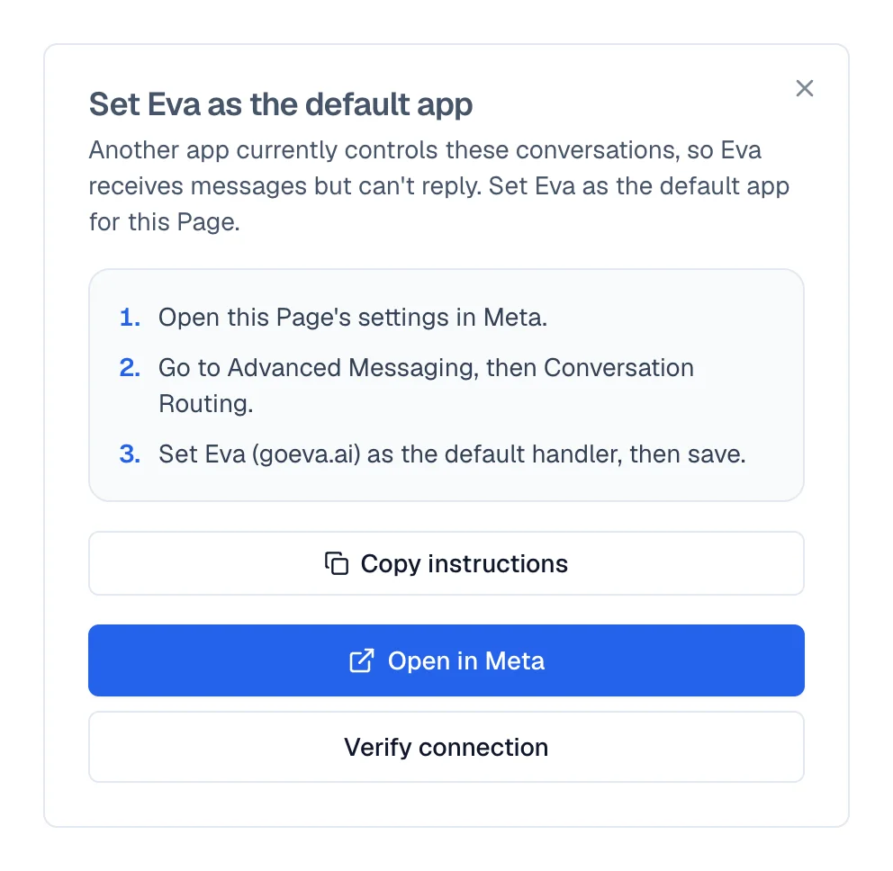 Window with the steps to make Eva the default app and the button that verifies it.
