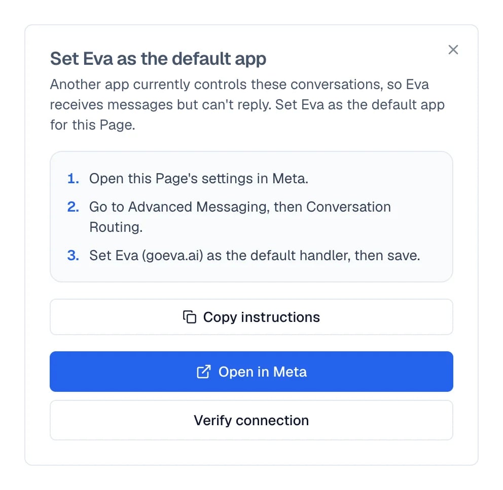 Window with the steps to make Eva the default app and the button that verifies it.