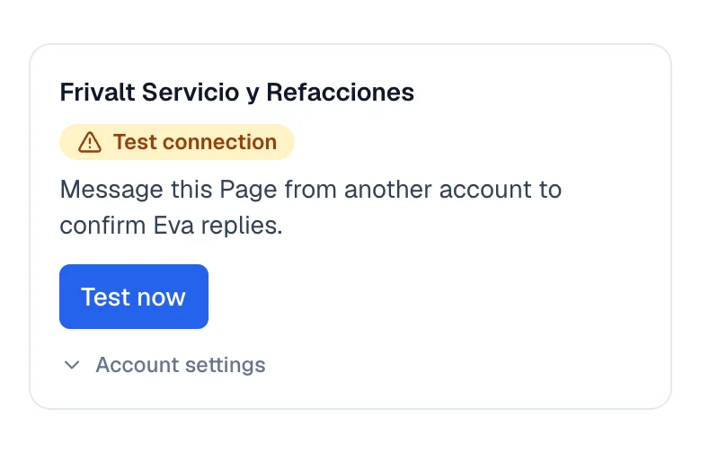 Connected Facebook page labelled Test connection, with the button that runs the test.