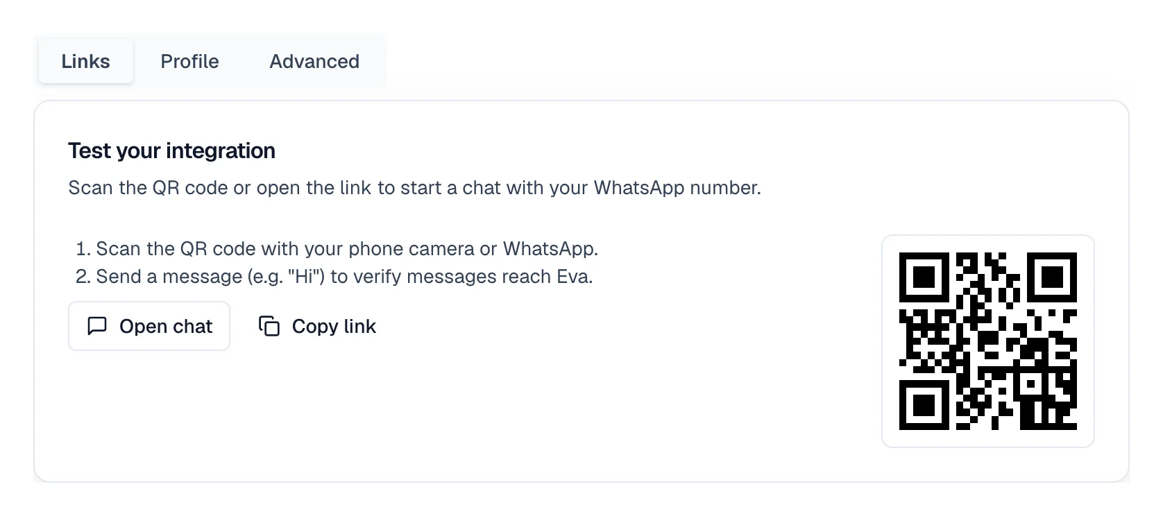 Test your integration block with the QR code on the right and the Open chat and Copy link buttons.