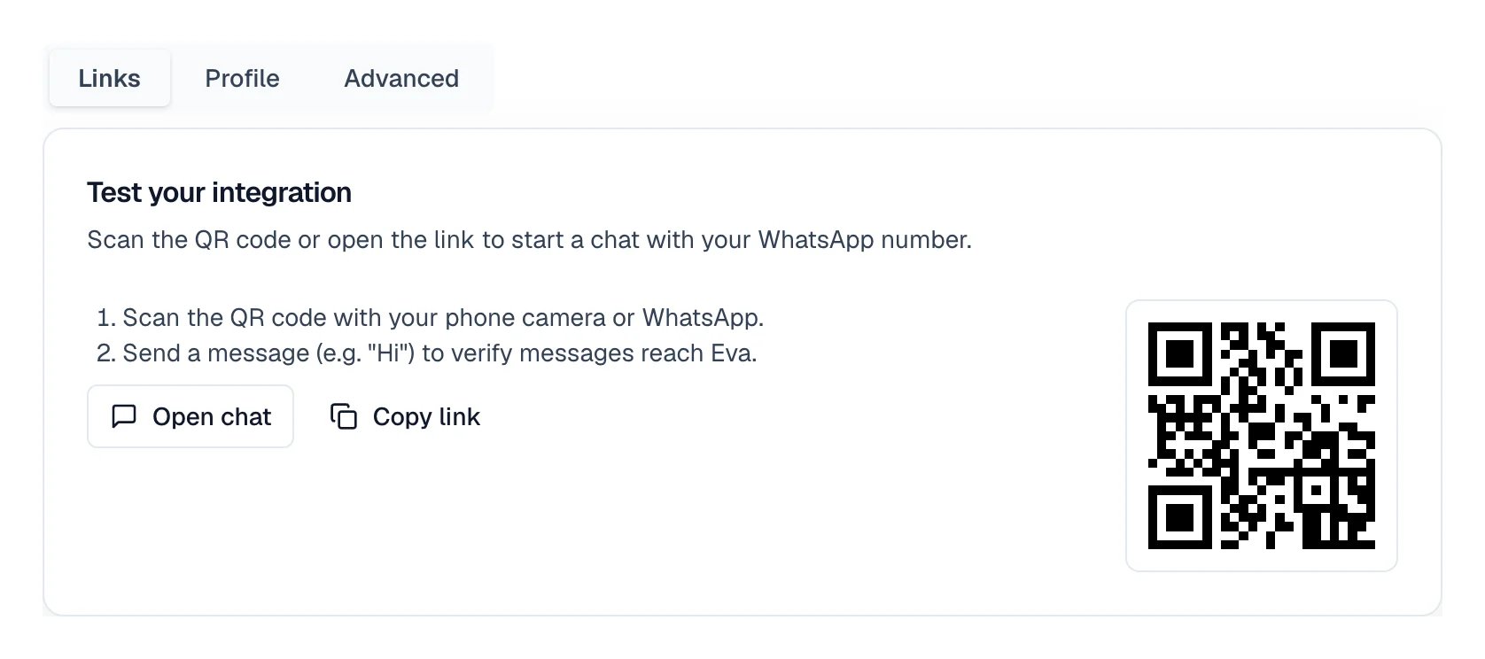 Test your integration block with the QR code on the right and the Open chat and Copy link buttons.