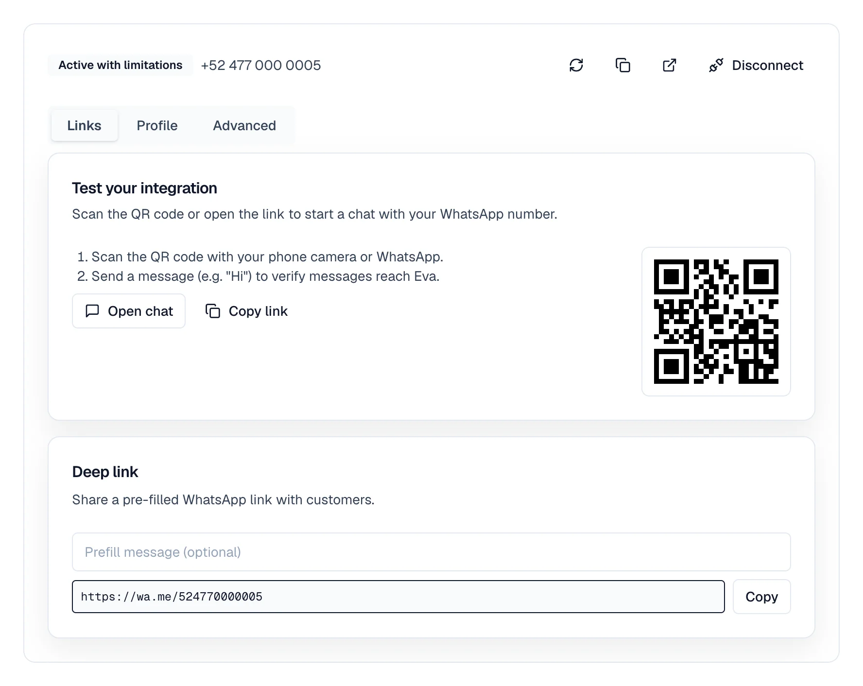 Notice that Meta is reviewing the business, and the Active with limitations label beside the connected number.