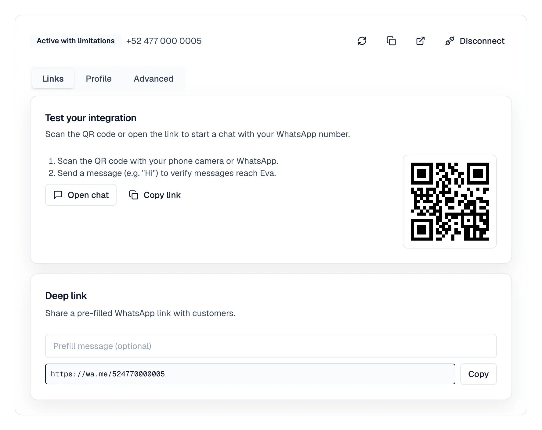 Notice that Meta is reviewing the business, and the Active with limitations label beside the connected number.