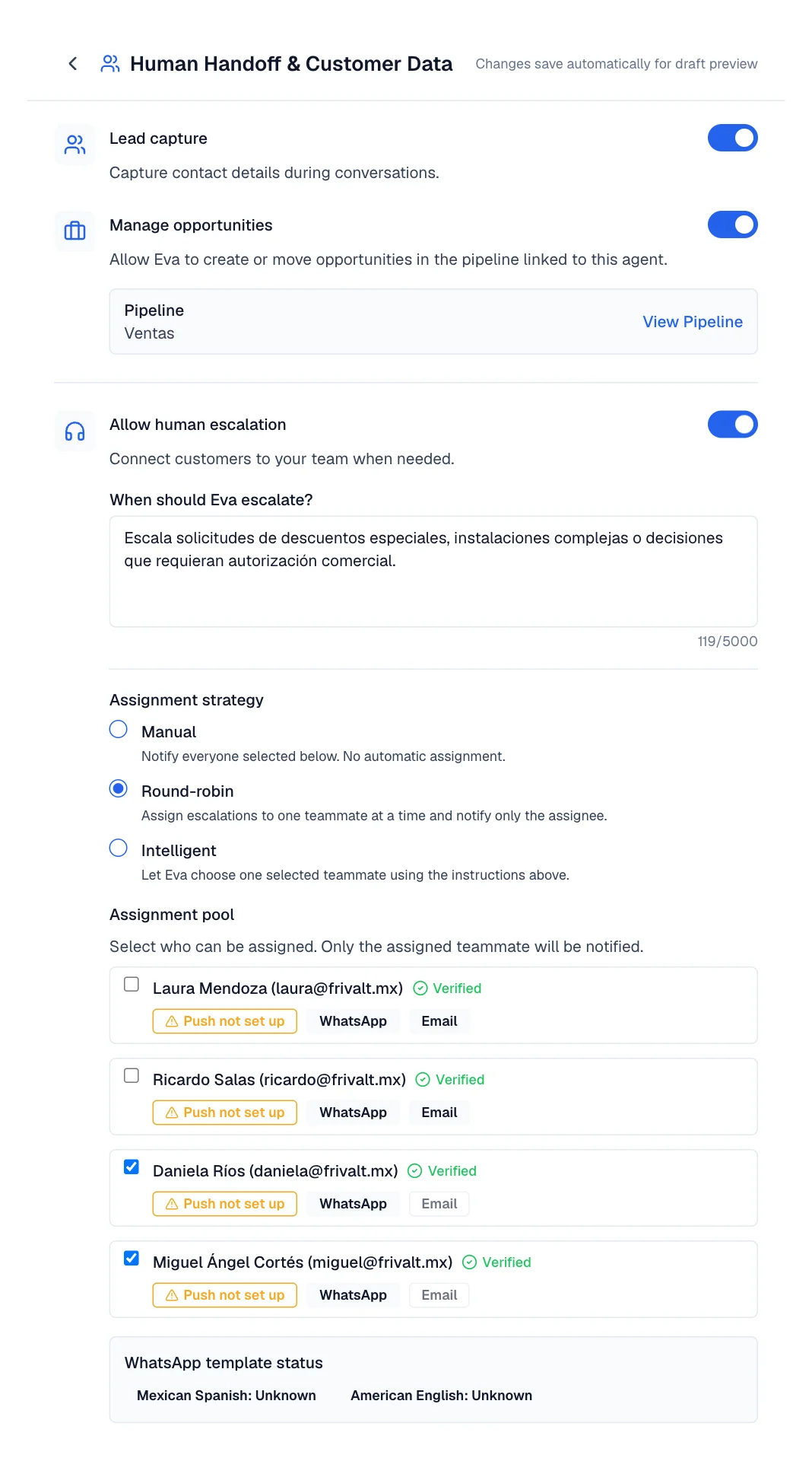 Human Handoff editor with Lead capture, Manage opportunities, and Allow human escalation.