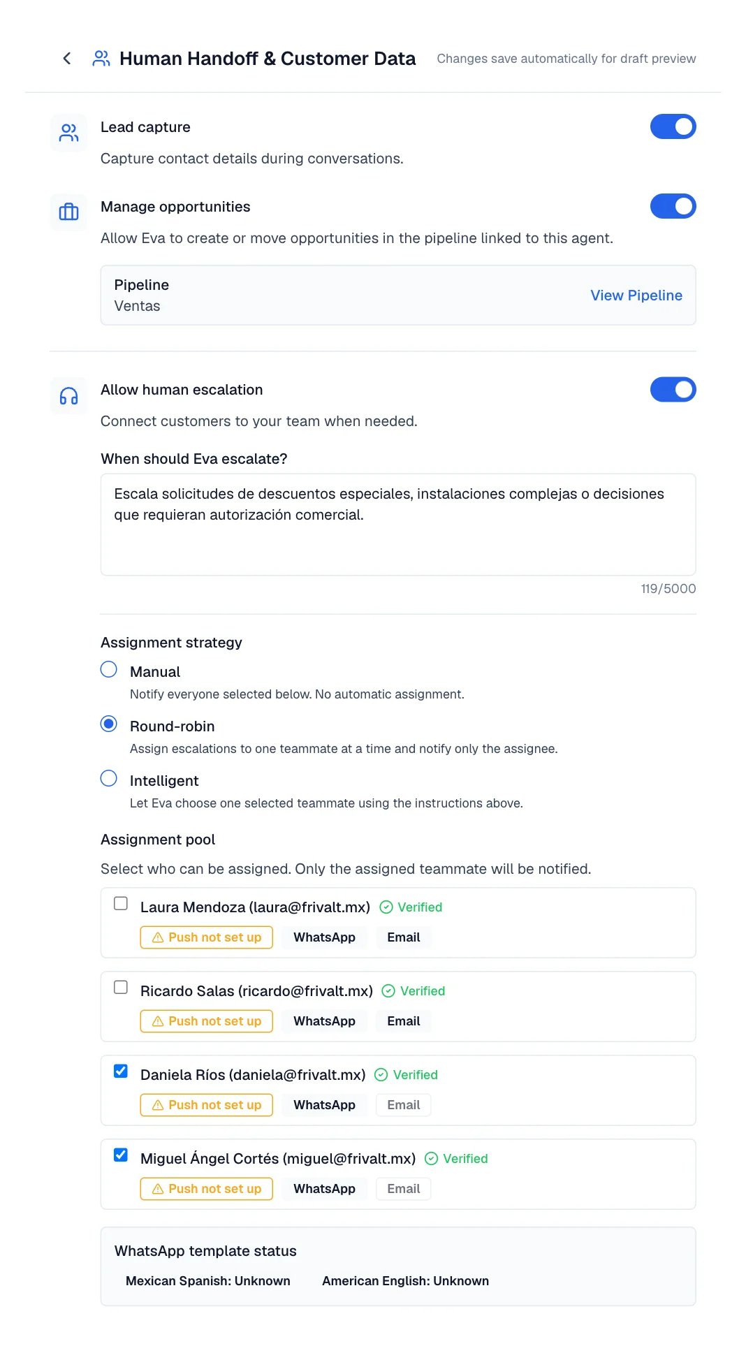 Human Handoff editor with Lead capture, Manage opportunities, and Allow human escalation.