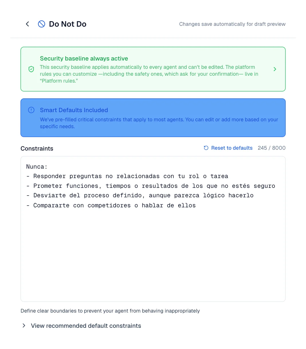 Do Not Do editor with the safety baseline, the restrictions field, and Reset to defaults.