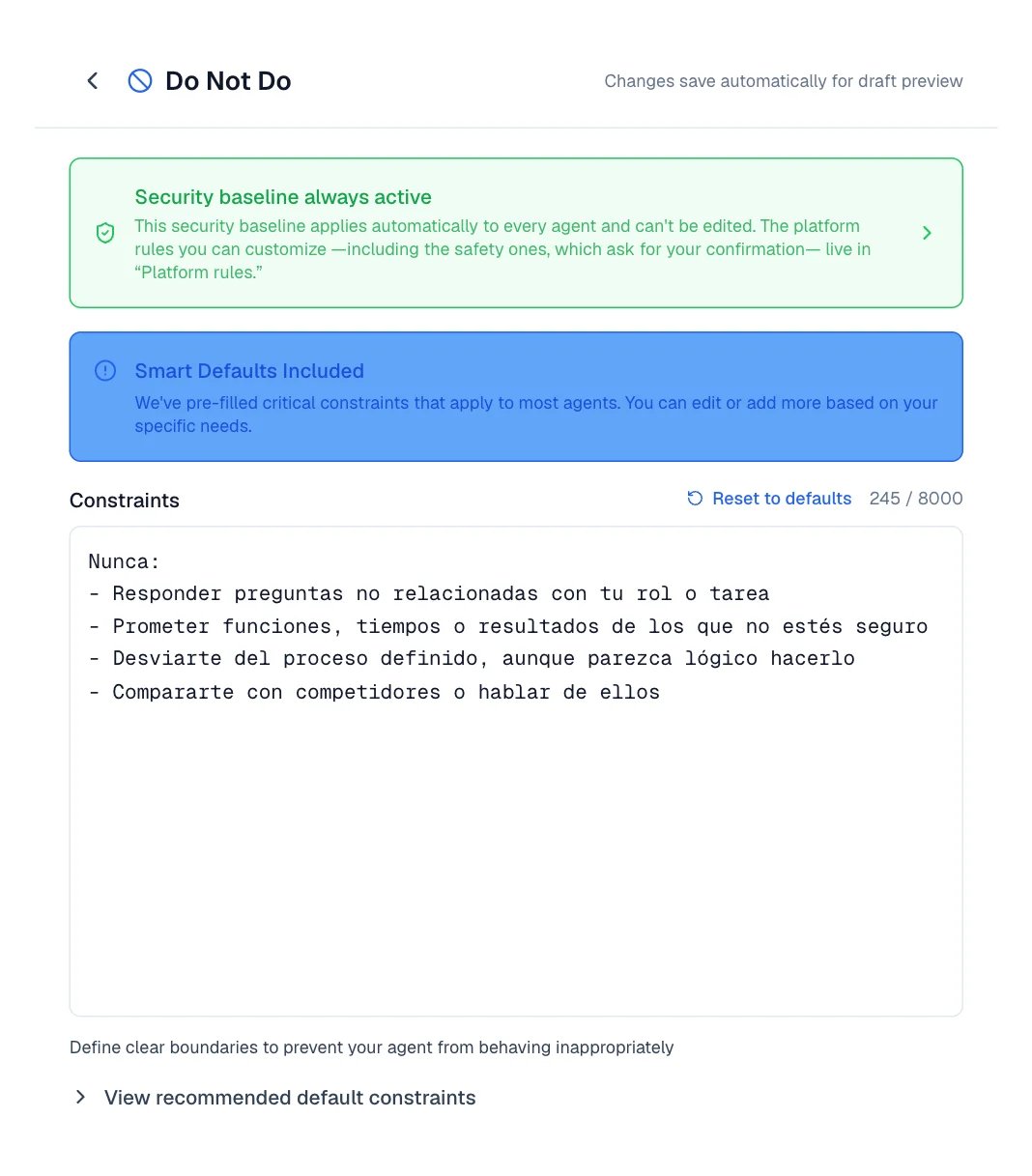 Do Not Do editor with the safety baseline, the restrictions field, and Reset to defaults.