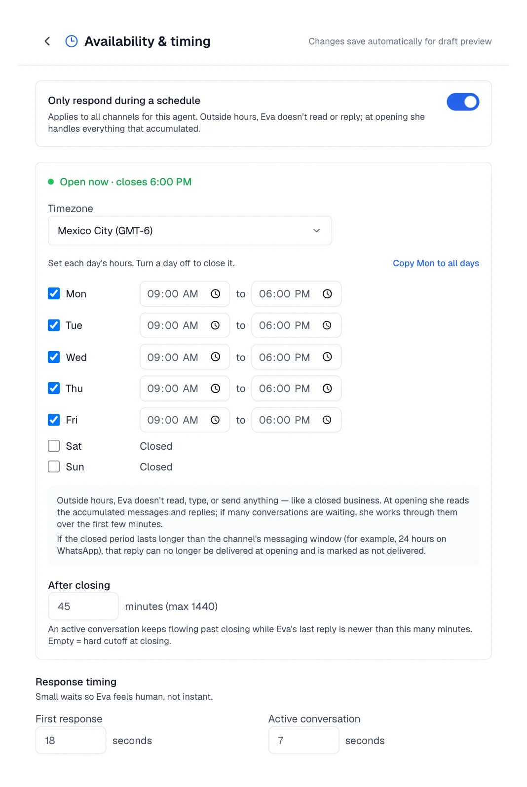 Availability editor with Only respond during a schedule and the Response timing fields.