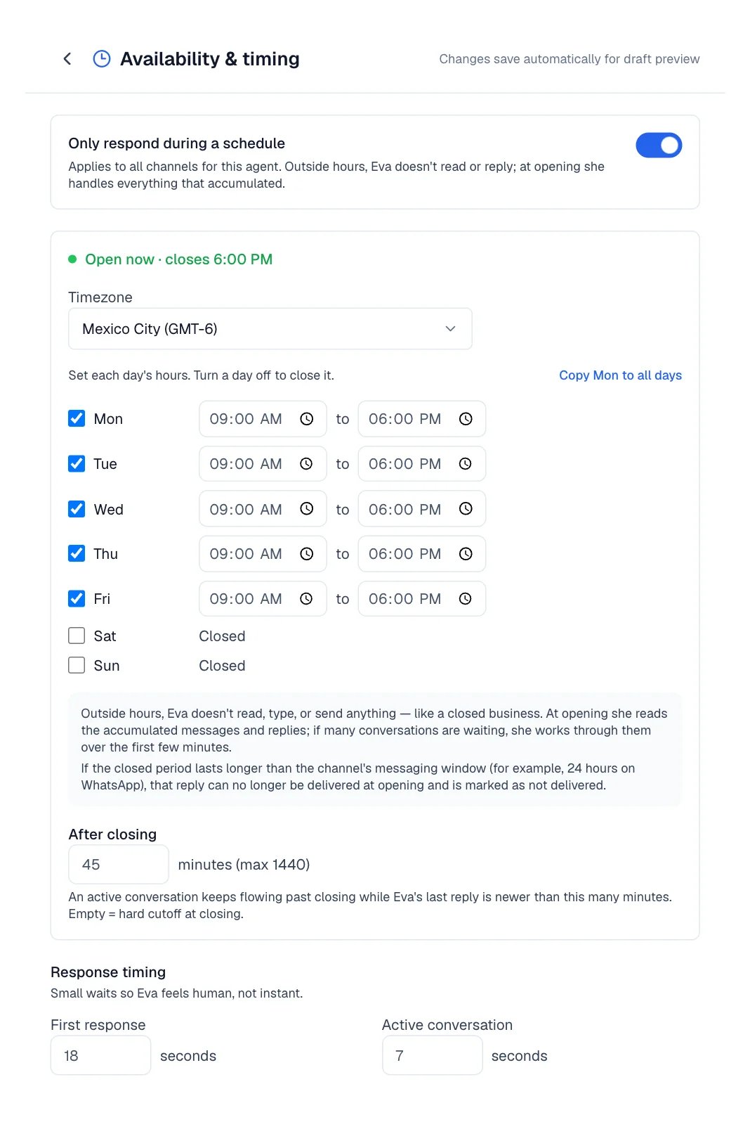 Availability editor with Only respond during a schedule and the Response timing fields.