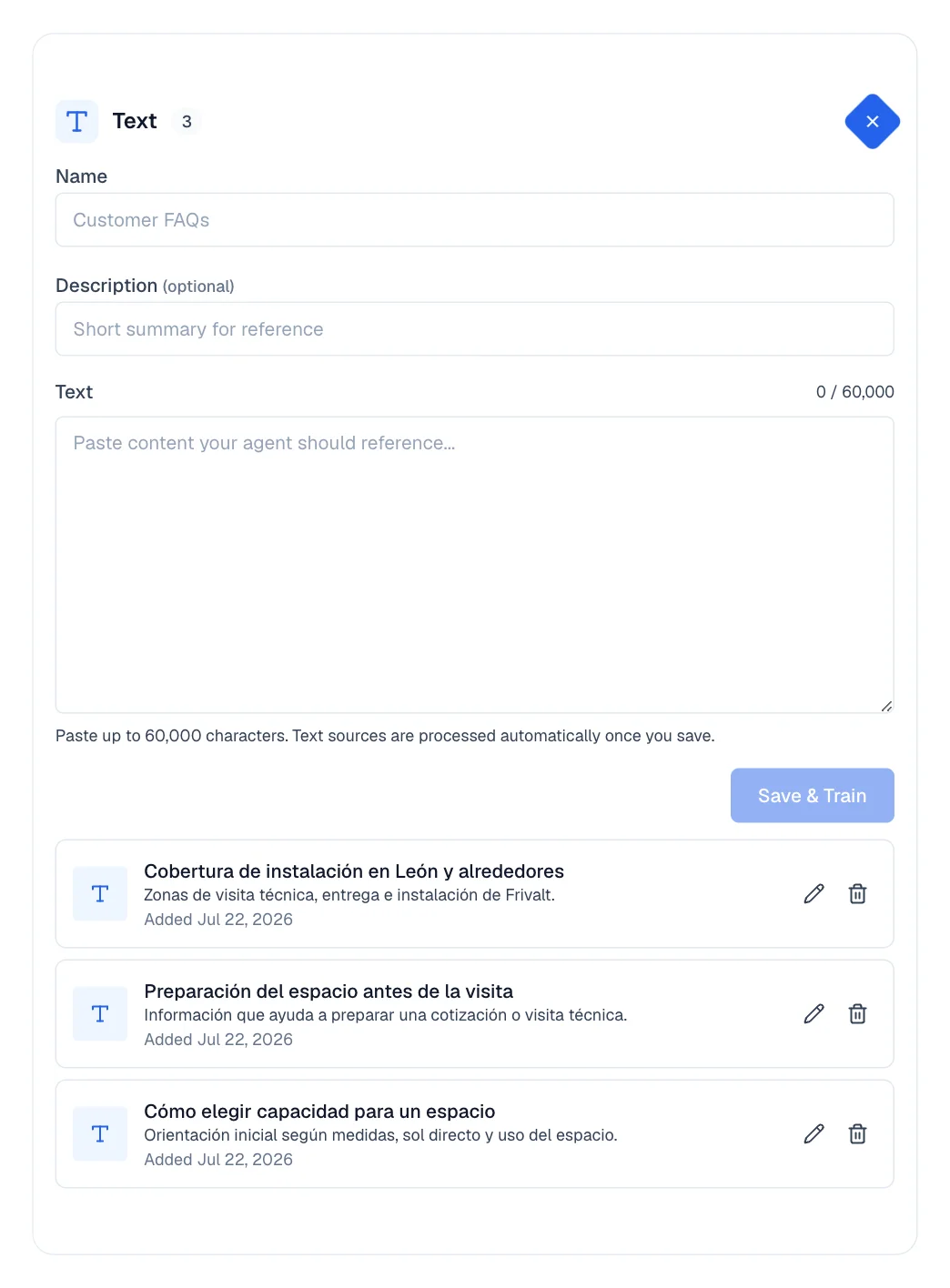 Open Text card with Name, Description, and Text fields plus an existing Frivalt source.