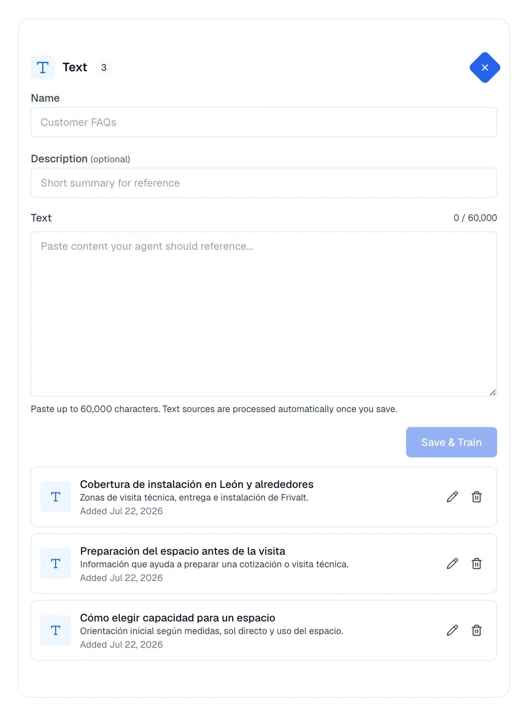 Open Text card with Name, Description, and Text fields plus an existing Frivalt source.