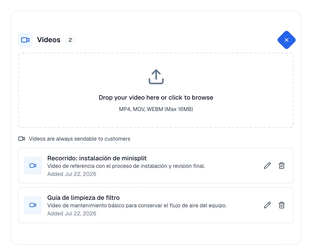 Videos card with the video drop box and the training video already loaded.