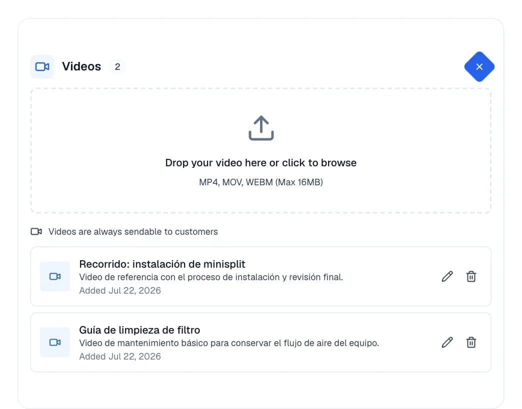 Videos card with the video drop box and the training video already loaded.