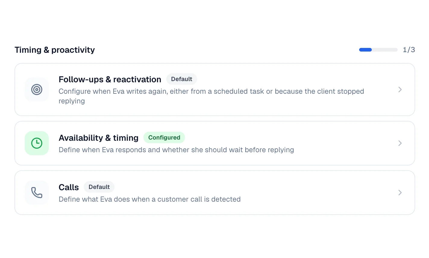 Follow-ups & reactivation card labelled Default, next to Availability & timing.