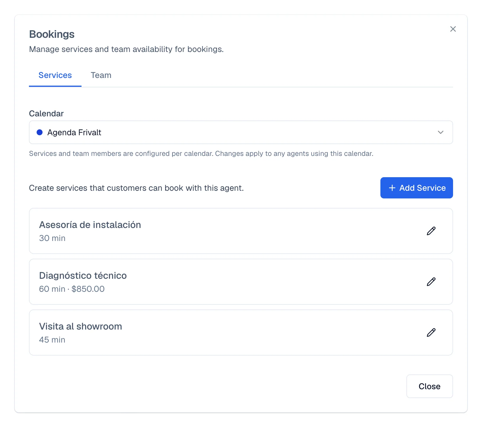 Calendar setup with appointment types and their duration.