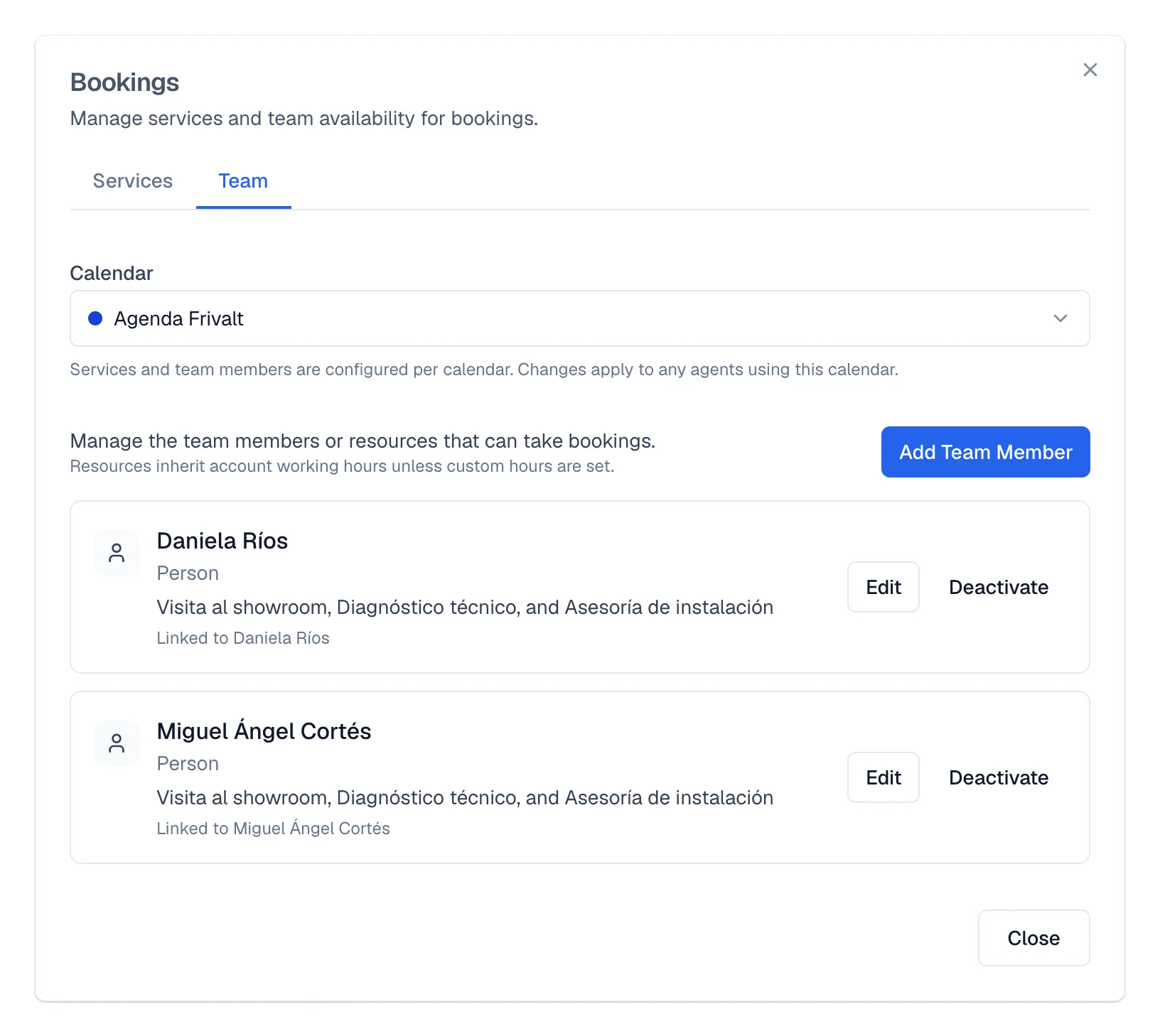 Team section with people, their Google connection, hours, and appointment types.
