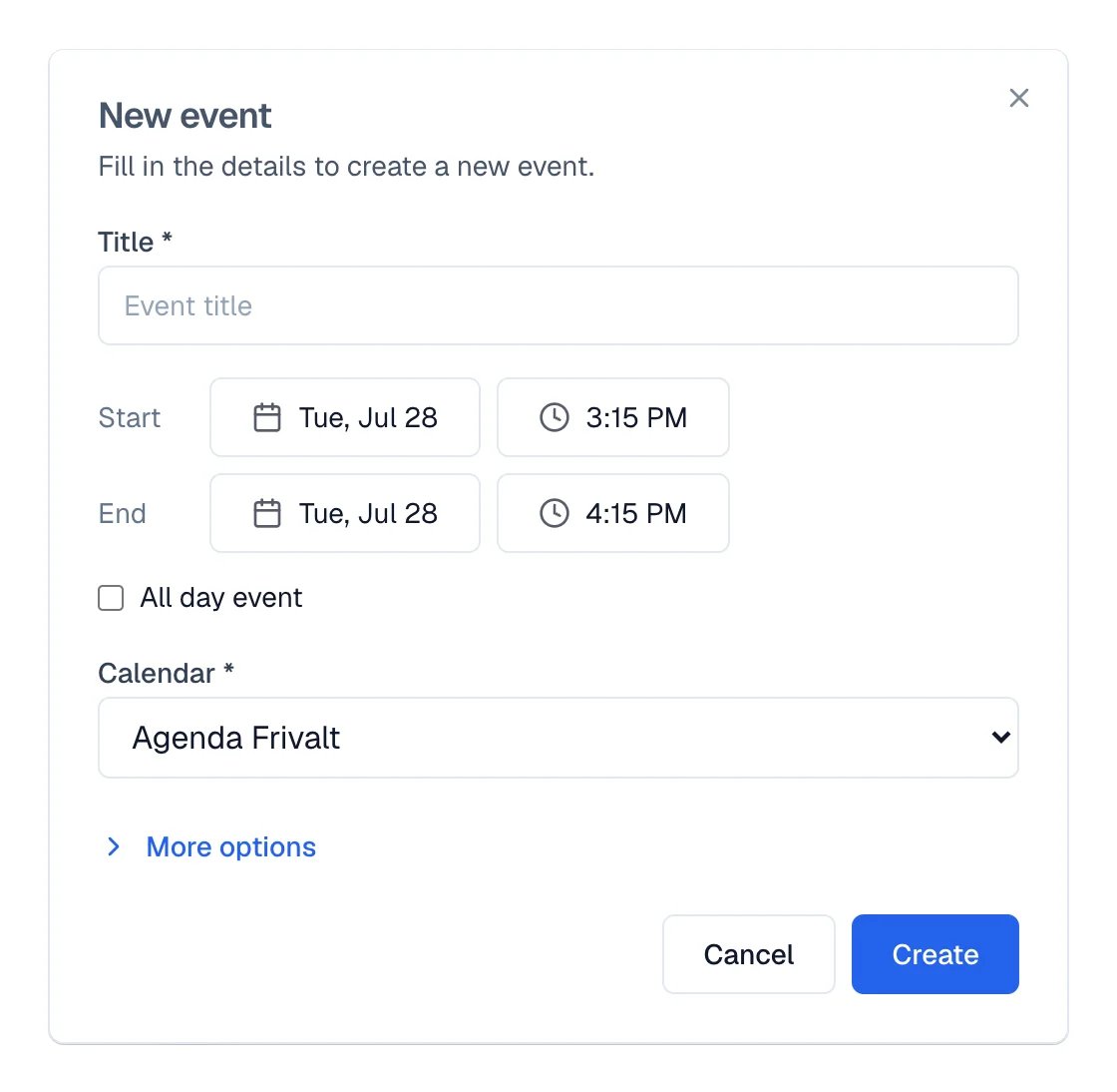 New event form with Title, Start, End, and the Calendar selector.