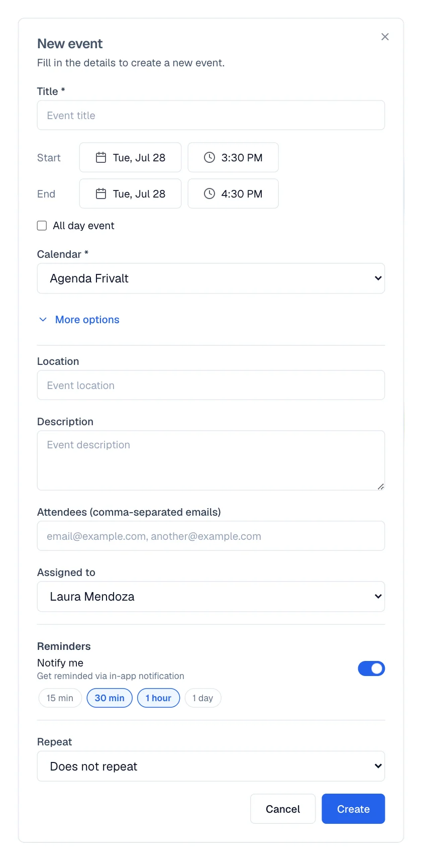The event form showing Location, Attendees, Assigned to, Reminders, and Repeat.