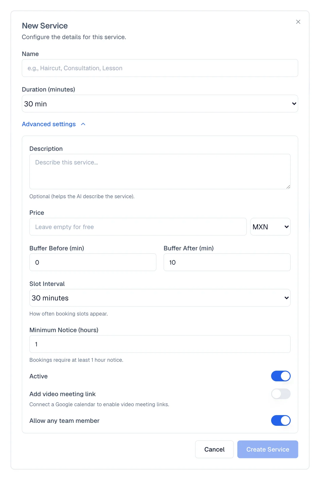 Advanced appointment type settings with Price, Free time before, Show times every, and Minimum notice.