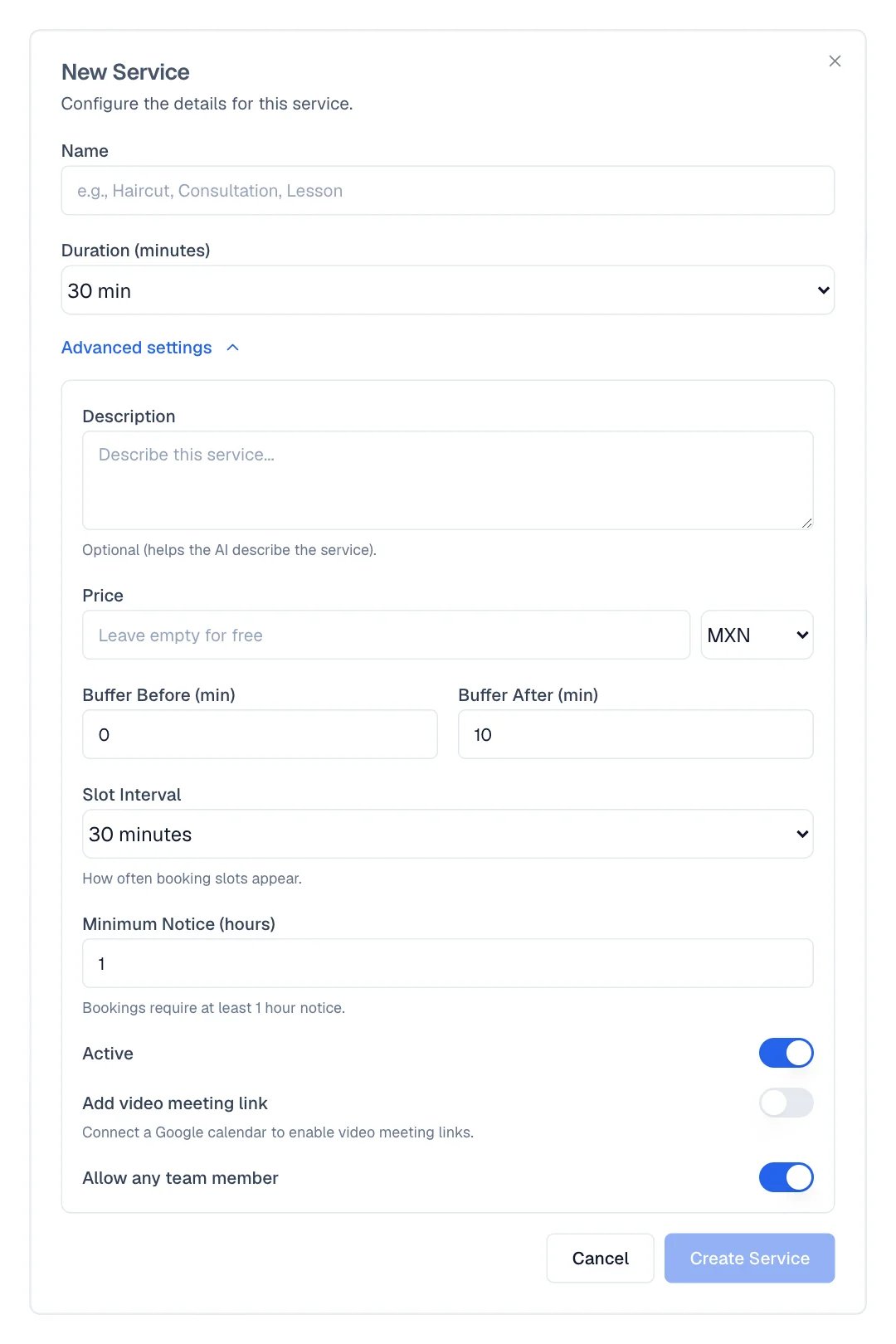 Advanced appointment type settings with Price, Free time before, Show times every, and Minimum notice.