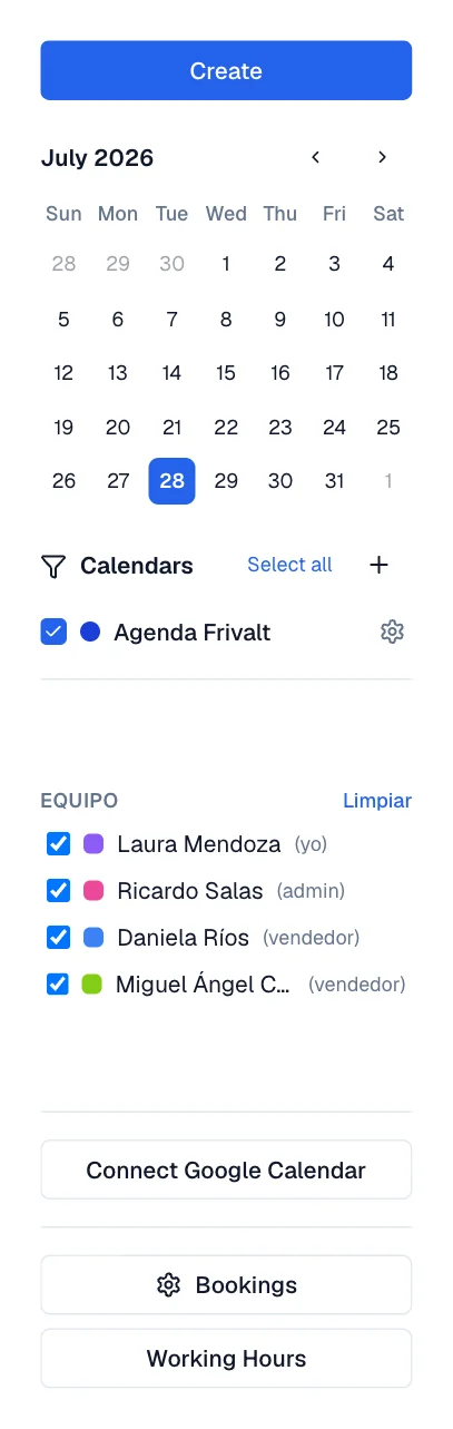Left column with the mini calendar, the calendar list, and the team list.