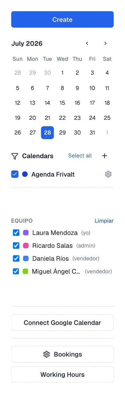 Left column with the mini calendar, the calendar list, and the team list.