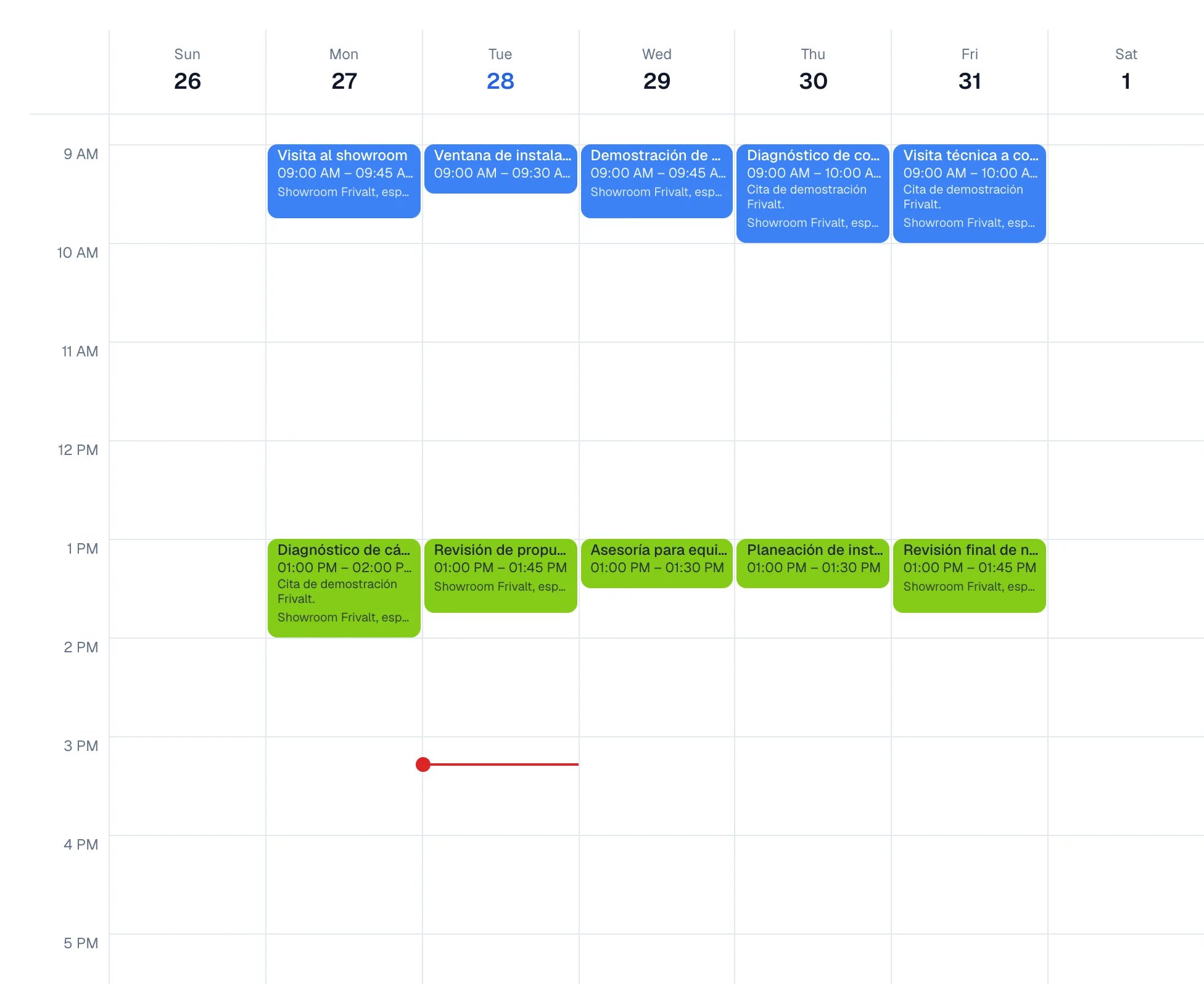Week grid with several appointments spread from Monday to Saturday.