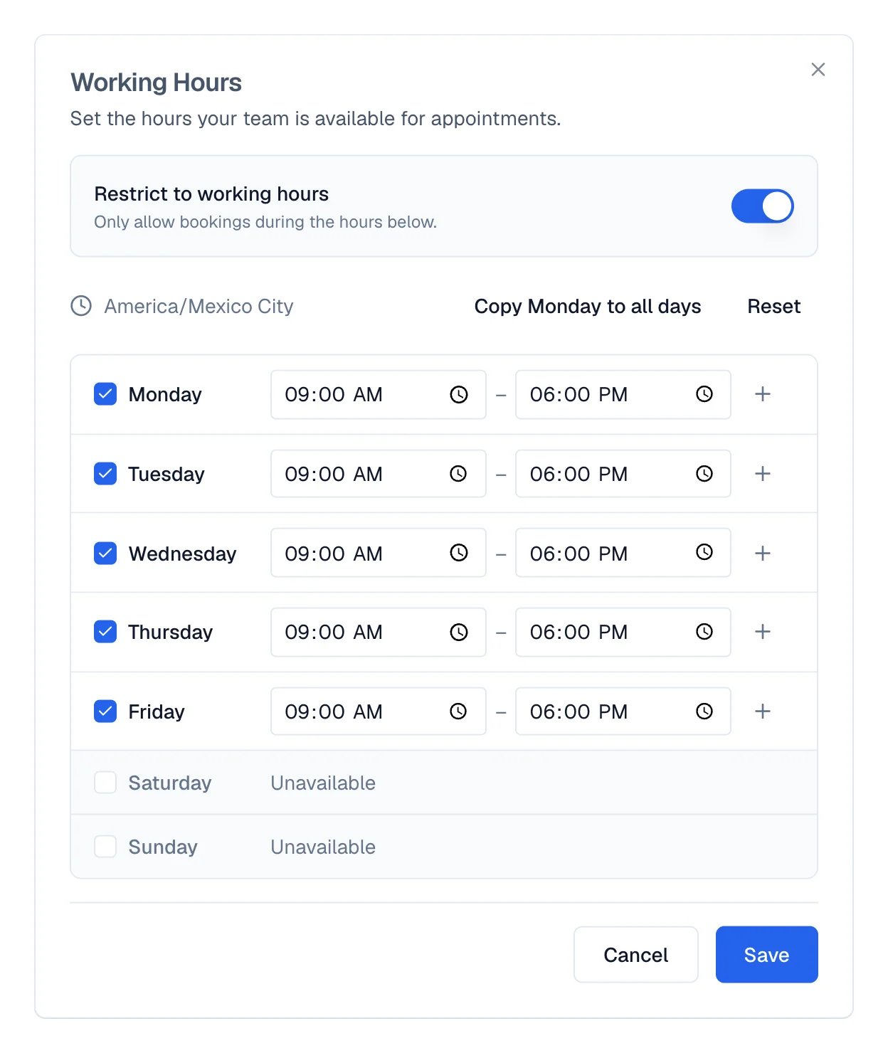 Business hours with the days and hours when appointments can be booked.
