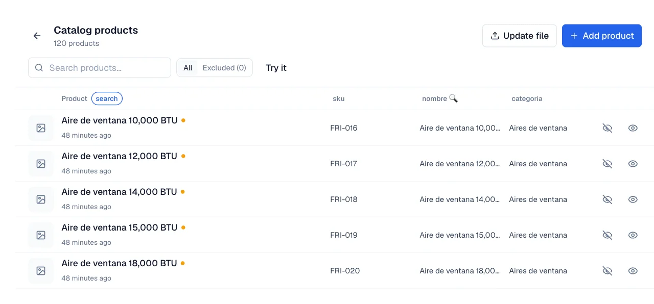 Catalog product list with the search box and the View as agent icon on every row.