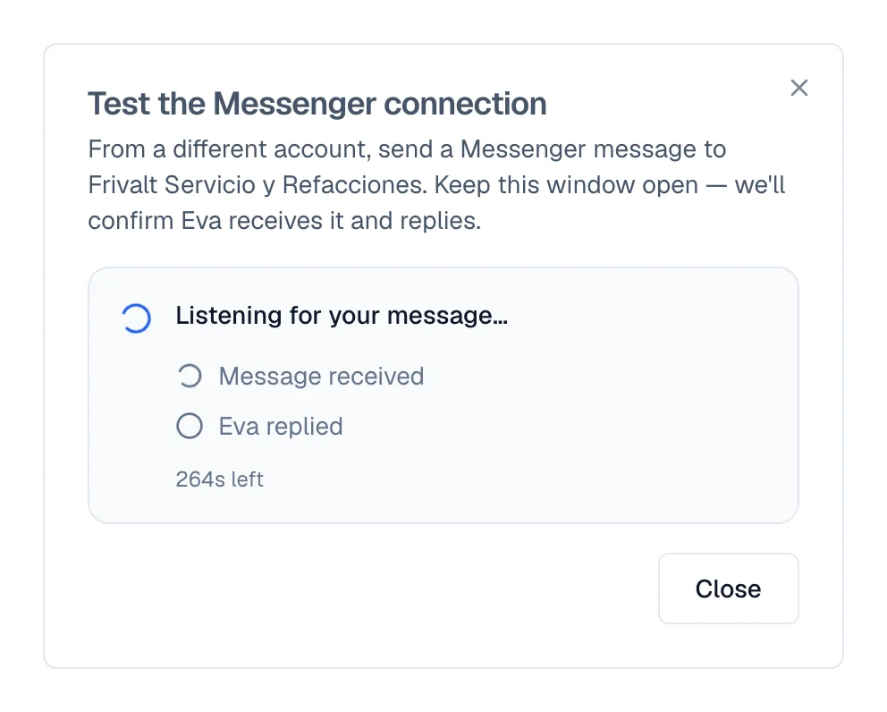 Messenger test window waiting for a message, with both signals still pending.