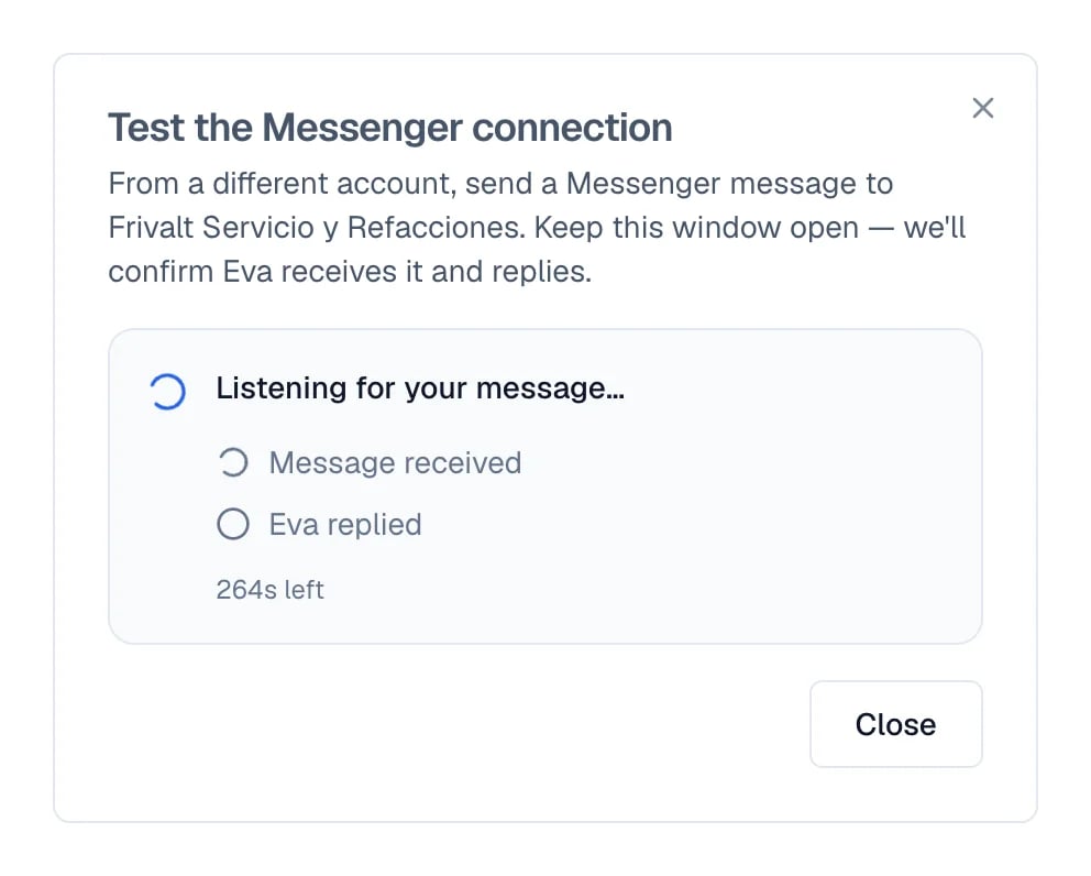 Messenger test window waiting for a message, with both signals still pending.